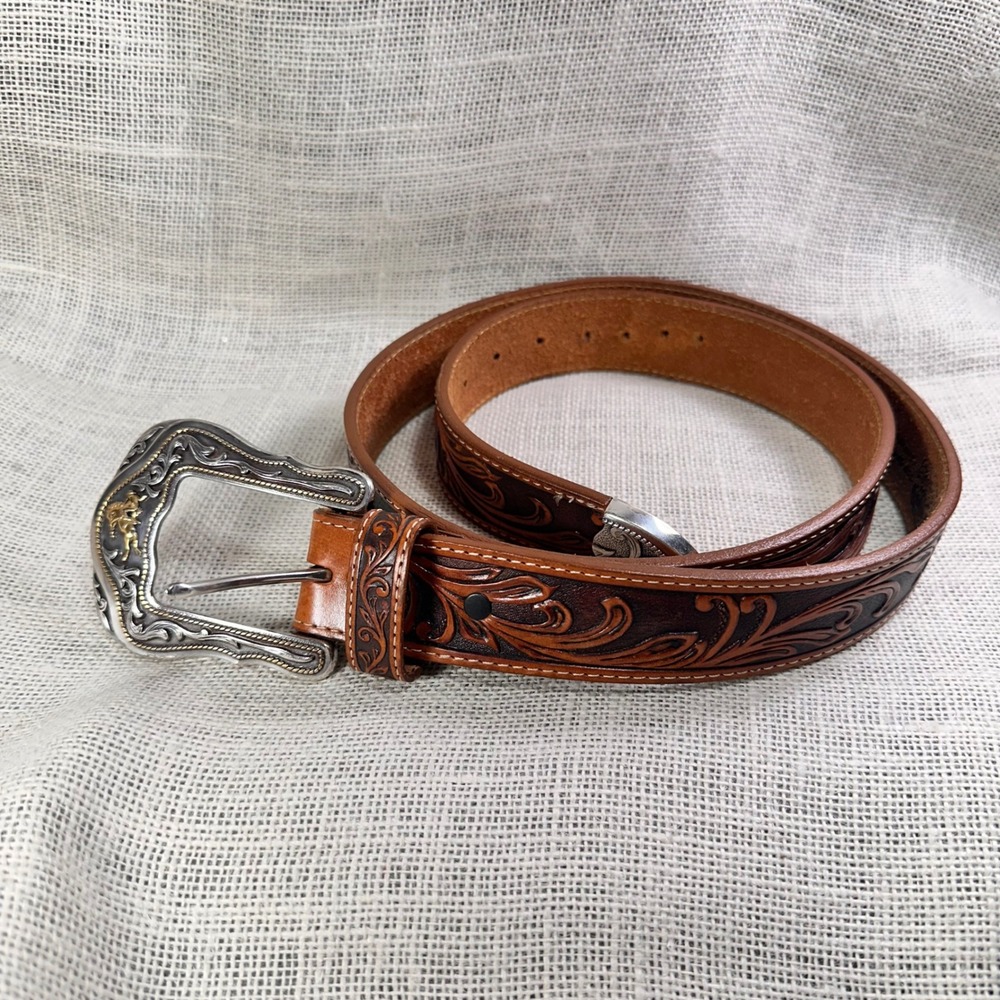 Tony Lama C41514 Westerly Ride Tooled Leather Western Belt Mens 42 USA Brown